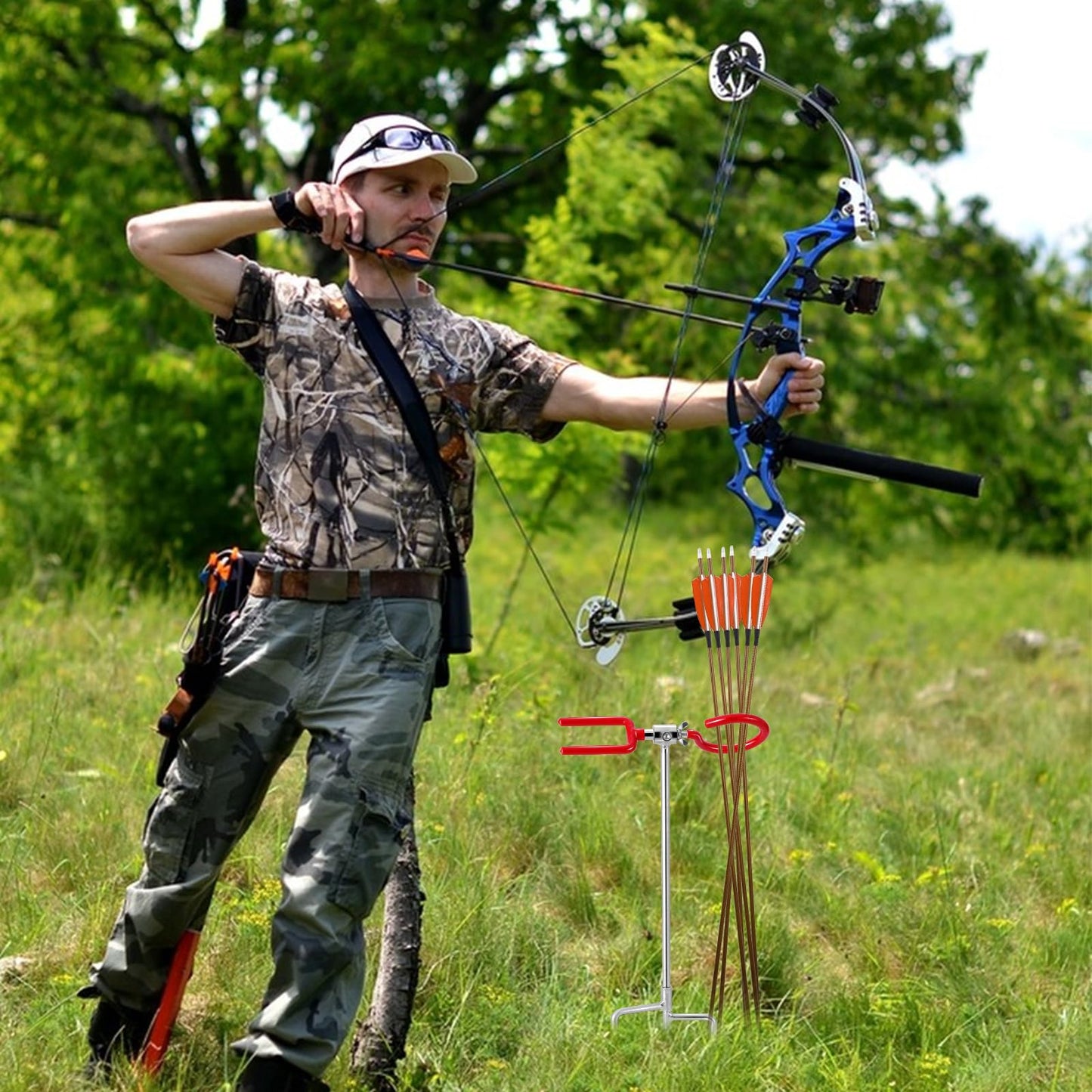 Hadwoer Bow Stand for Compound and Recurve Bows Heavy Duty, 3-Prong Ground Stake, 360° Adjustable Portable Bow Holder for Hunting, Ground Blind, Target Practice