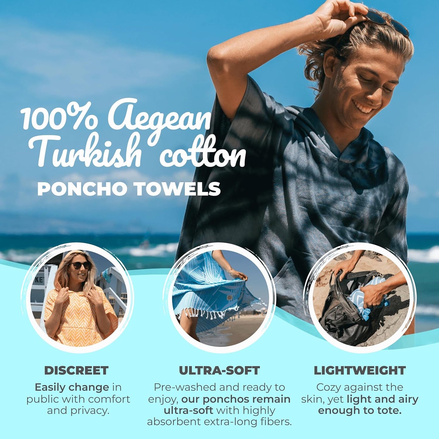 Nova Blue Surf Poncho - Large Hooded Changing Towel (33 x 37) | 100% Cotton for Beach & Pool Use