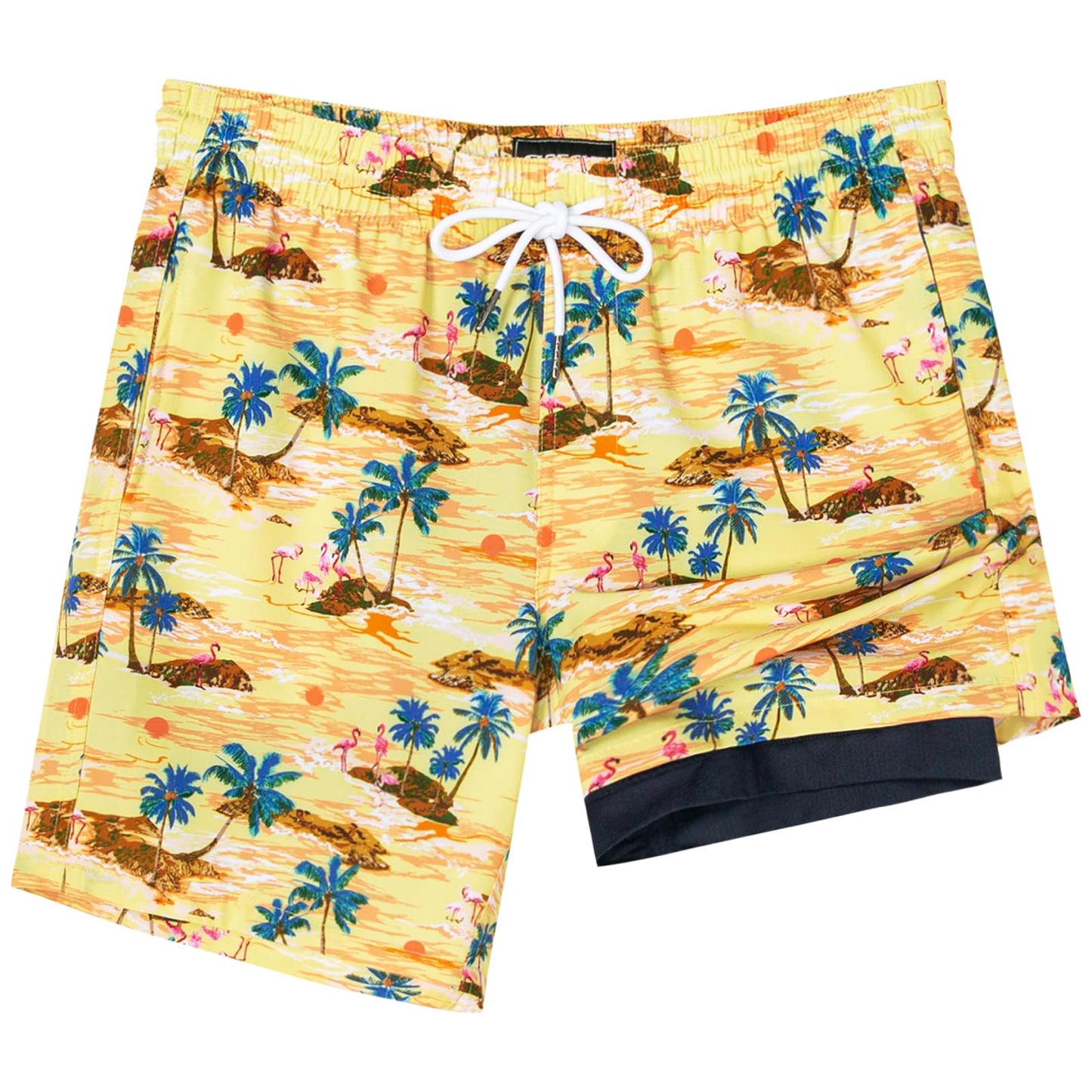 SURF CUZ Mens Swim Trunks with Compression Liner Quick Dry Swim Shorts 7" Swimming Trunks Stretch Zipper Pockets,Honey Flamingo,L