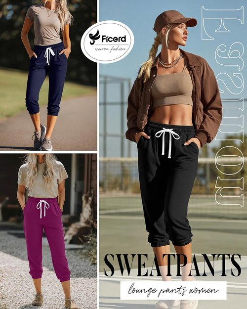 Ficerd Women's Capri Joggers - High Waisted Athletic Lounge Pants with Pockets | 3 Pcs Set
