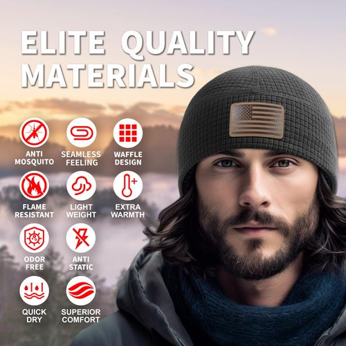 OUTDOOR SHAPING Grid Fleece Beanie with Leather American Flag Patch Waffle Tactical Army Military Skull Cap Black