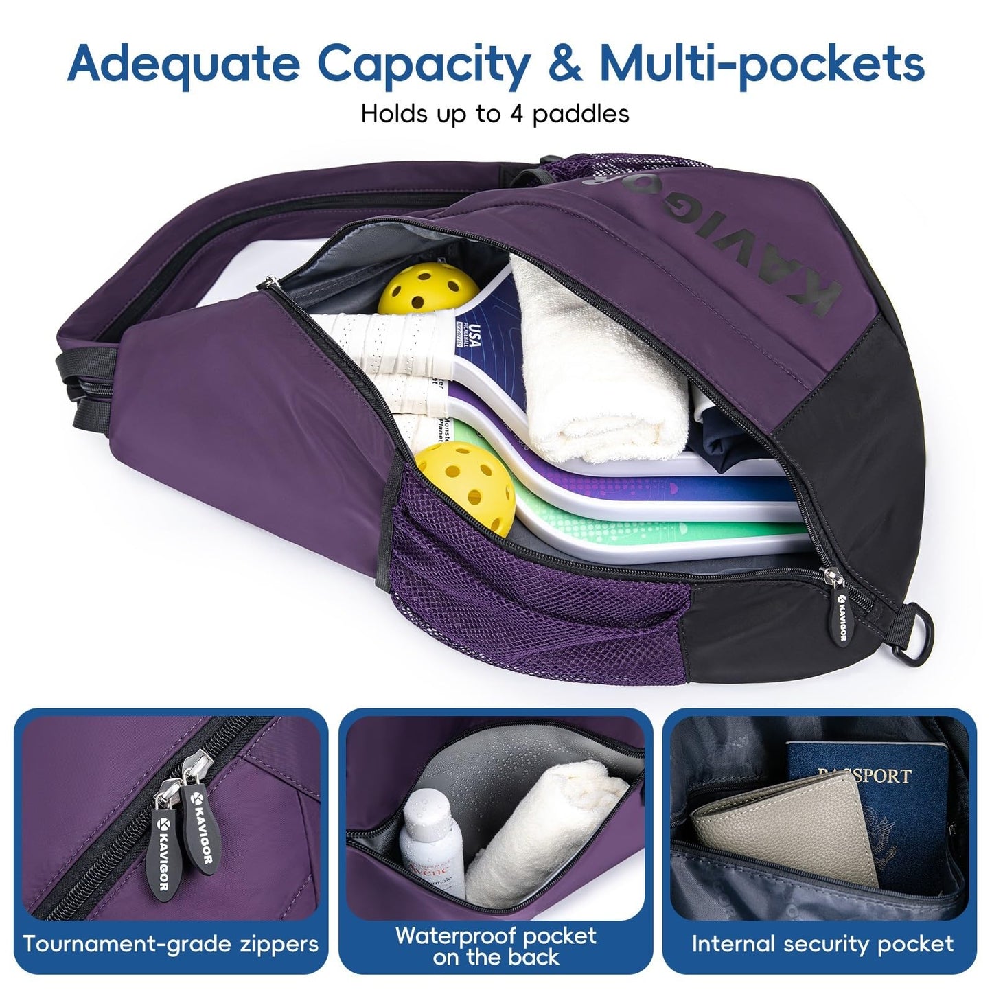 KAVIGOR Pickleball Sling Bag, Convertible Ultra-Light Backpack with Skin-Soft Fabric & Wet/Dry Pocket, Fits 4 Paddles + Gear