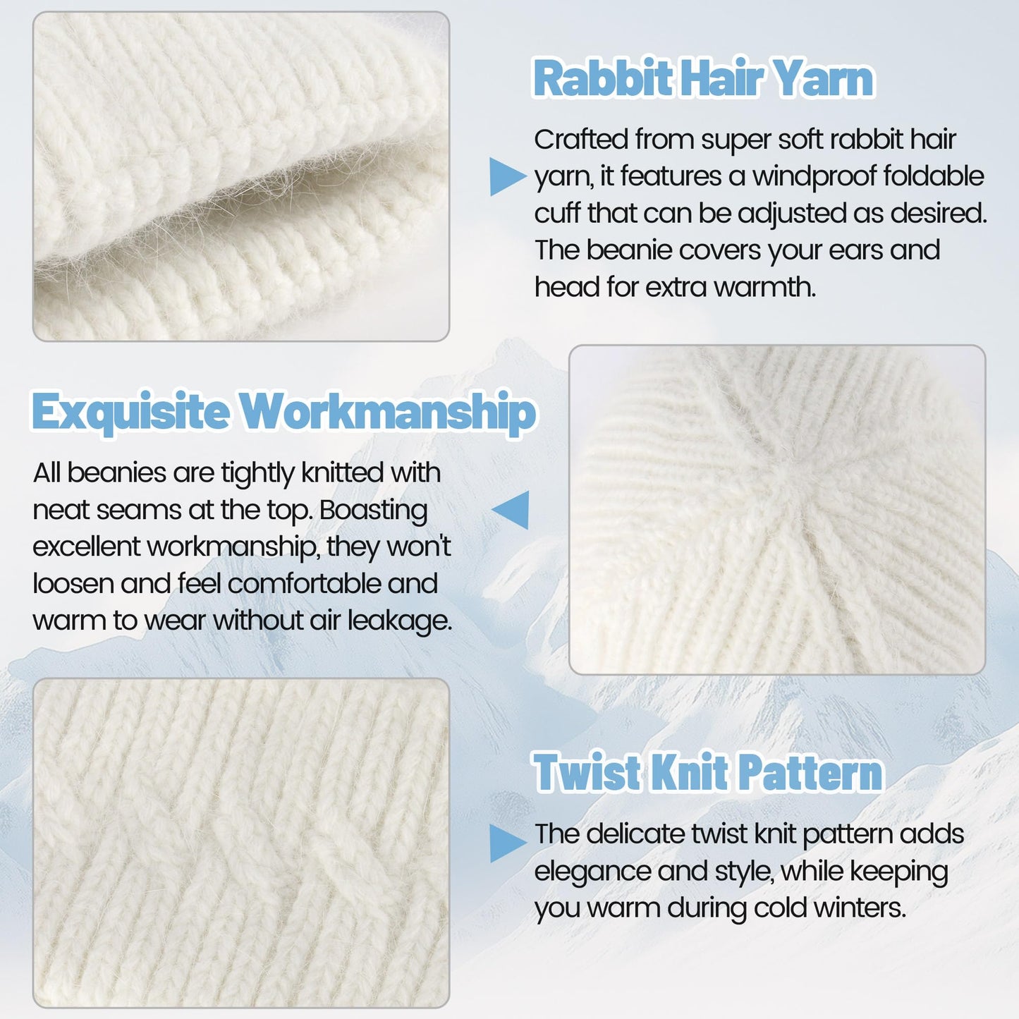Ababalaya 100% Real Angora Rabbit Hair Knit Beanie with Real Fox Hair Pom Pom, Warm Winter Chunky Hat, Double Cuffed Cap Soft Fuzzy Knitted Skull Beanies,White