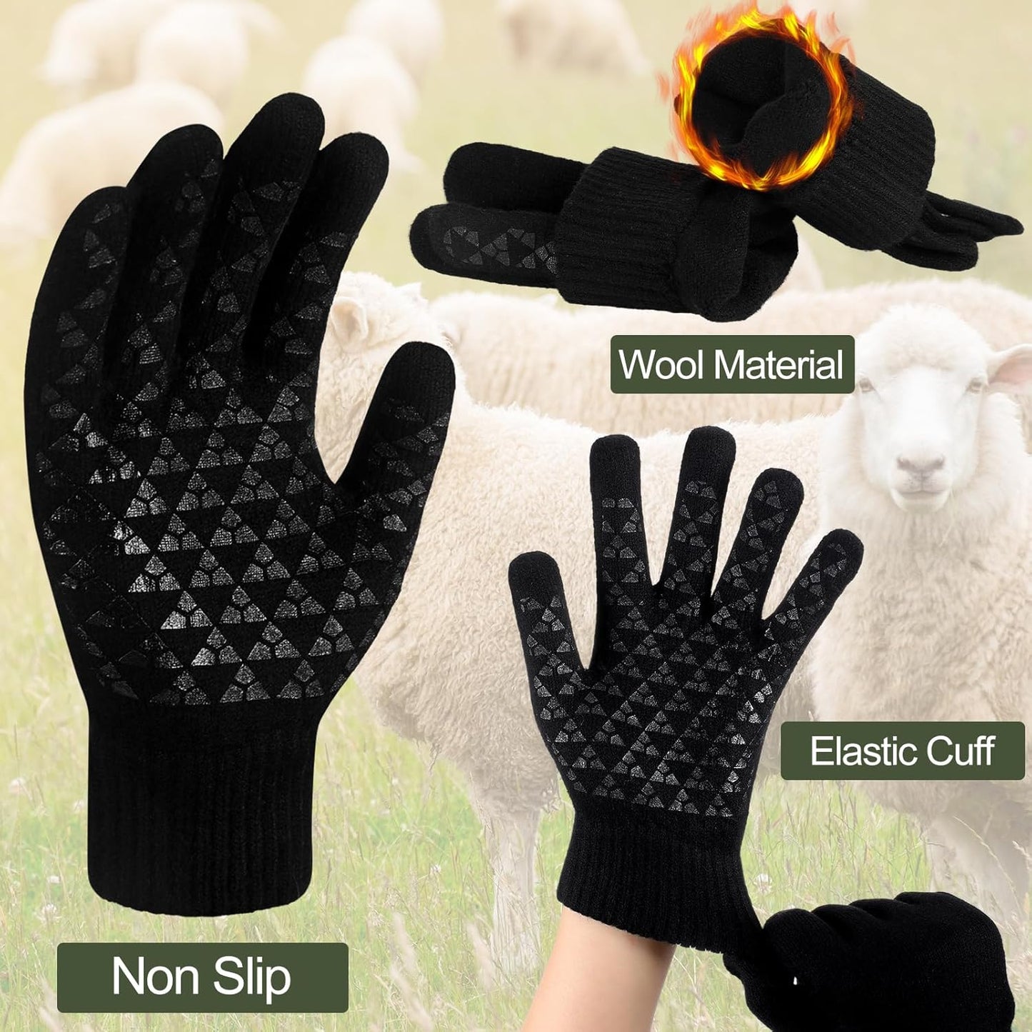Regine Switzerland Men's Wool Gloves - Non-Slip Grip for Cold Weather | 4 Pairs for Tactical Skiing & Hunting