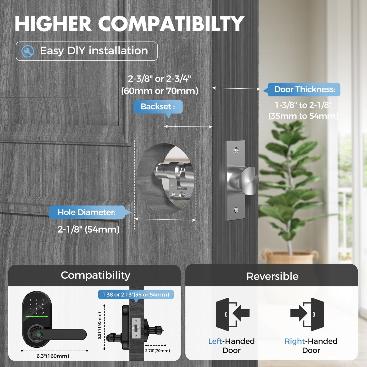 HEI LIANG Smart Door Handle with Biometric Fingerprint,Keypad Keyless Entry Door Lock for Front Door,5-in-1 Electronic Door Lock with App Control,Auto Lock,Reversible for Left/Right Hand,Deep Black