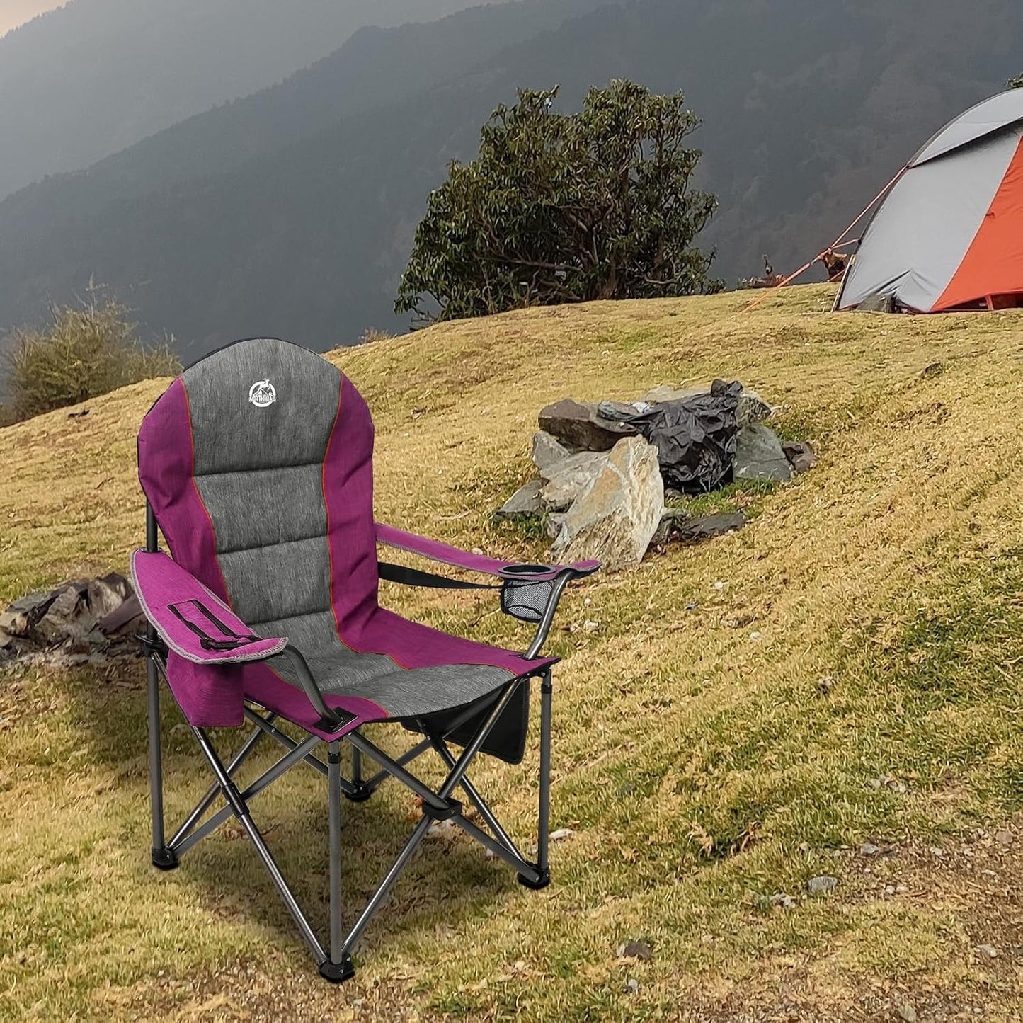 Northroad Oversized Portable Camping Chair - Heavy Duty Folding Chair with Cup Holder & Cooler Bag (Purple)