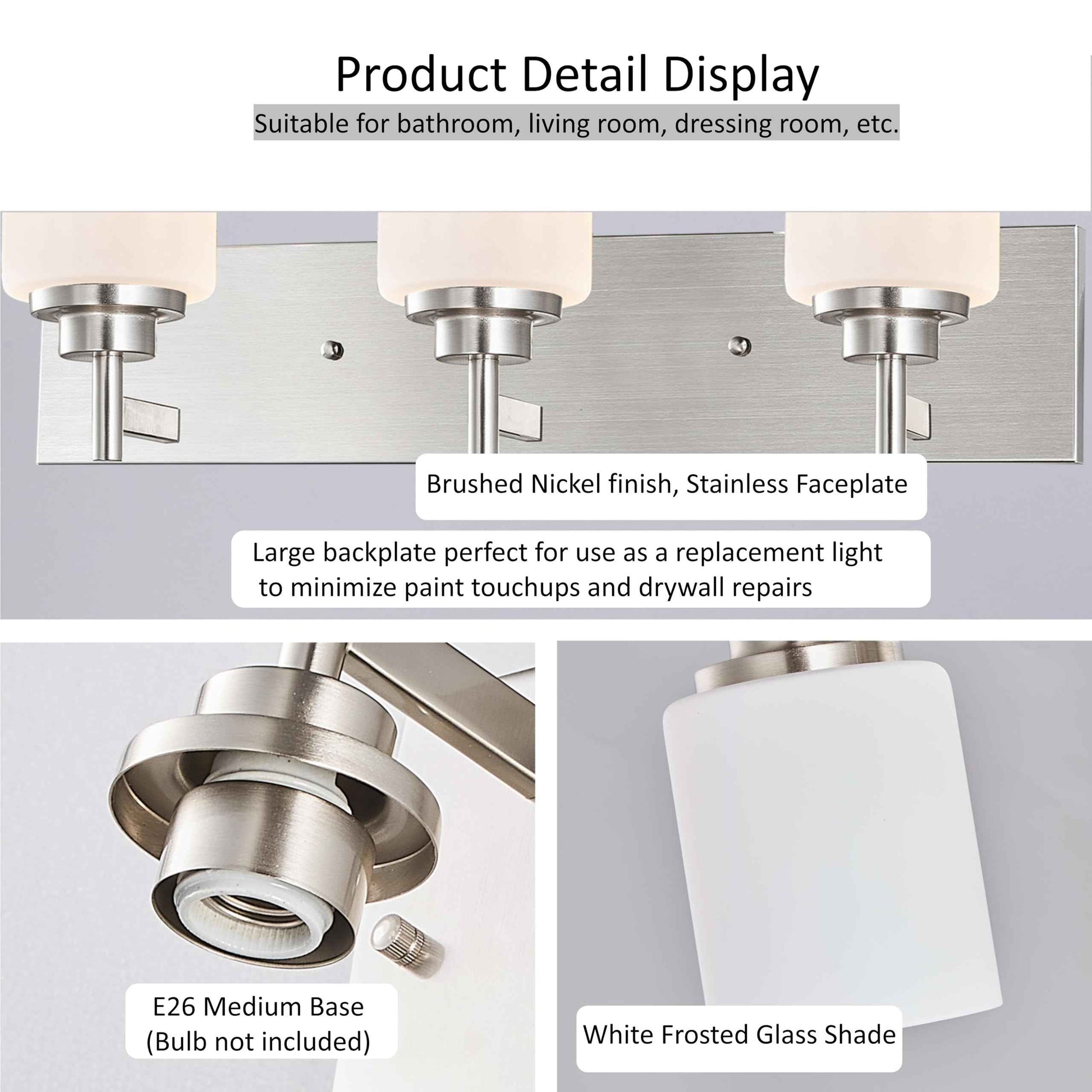 landskylite Bathroom Vanity Light Fixture, Brushed Nickel，24" 3 Lights，Offset Mount, Modern Wall Sconce，White Glass & Large Backplate - Farmhouse Lighting for Bathroom, Living Room, Hallway, Bedroom