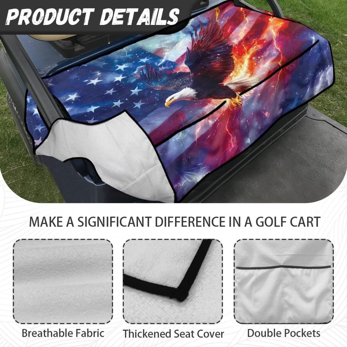 Yaosyuorus Golf Cart Seat Covers, Golf Cart Cushion Covers Eagle and American Flag Summer Winter Fall Golf Cart Seat Towel Blanket Breathable Fabric Golf Accessories Car Decoration Covers
