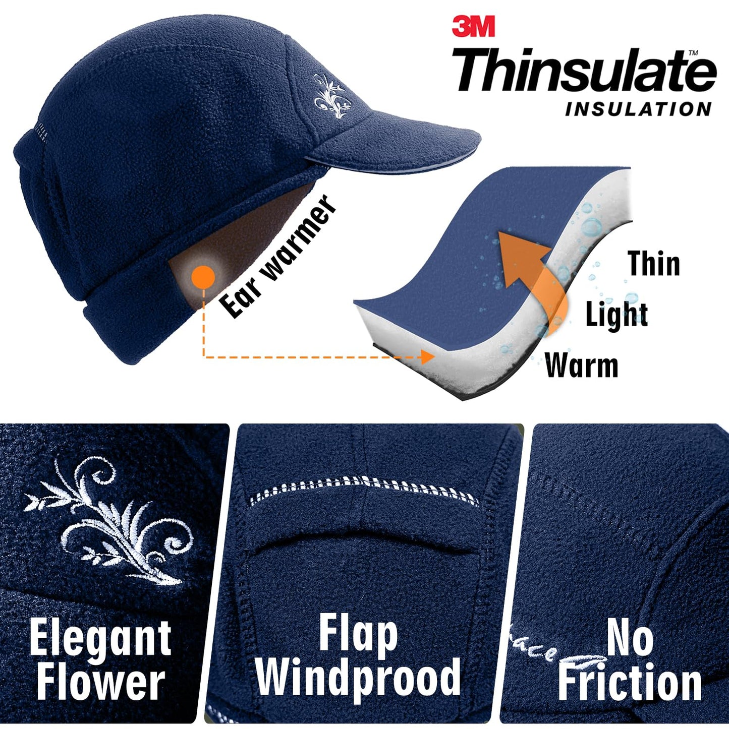 EZPACE Fleece Ponytail Hat for Women with 3M Thinsulate Ear Warmer Running Gear Winter Cold Weather Navy