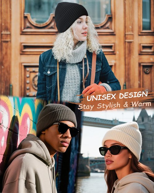 choshion Wool Beanie for Men Women, Seamless Knit Cuffed Warm Winter Hats Fisherman Beanies Womens Ski Hat Skull Cap Unisex, Black