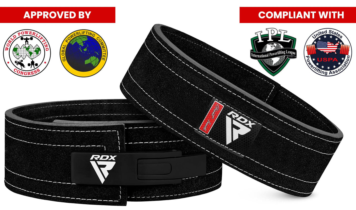 RDX Weight Lifting Belt Powerlifting, Approved By IPL and USPA, 10mm Thick 4" Leather Lumbar Back Support, Lever Buckle Gym Strength Training Equipment, Bodybuilding Deadlifts Squats Workout Men Women