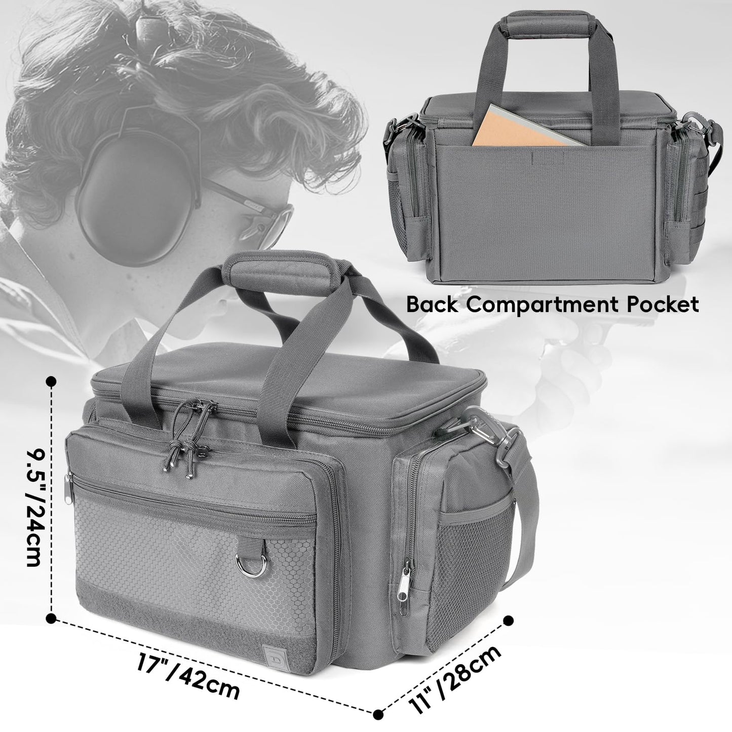 DULCE DOM Tactical Gun Range Bag for Handguns & Pistols - Lockable Compartment, Ammo Storage, Magazine Slots, Durable Range Essentials Bag (GREY)