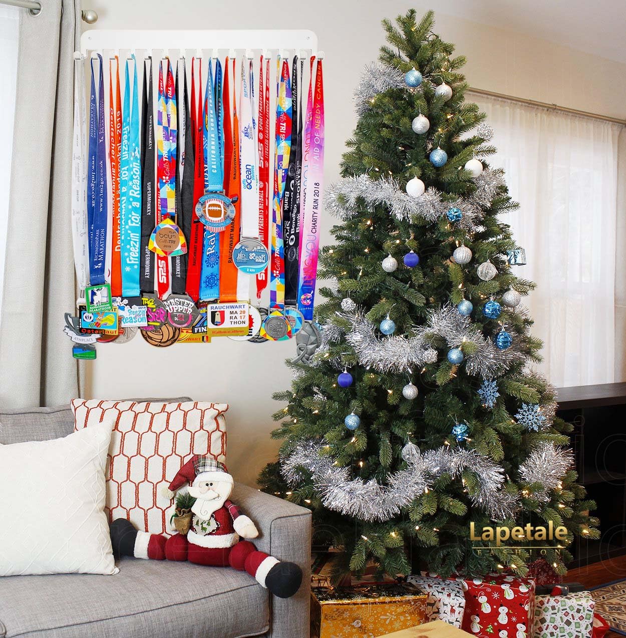 Lapetale Fashion White Medal Hanger Holder Display Wall Rack Frame-Running Medal Hanger Display Awards Ribbon Cheer,Marathon,Gymnastics,Soccer,Softball