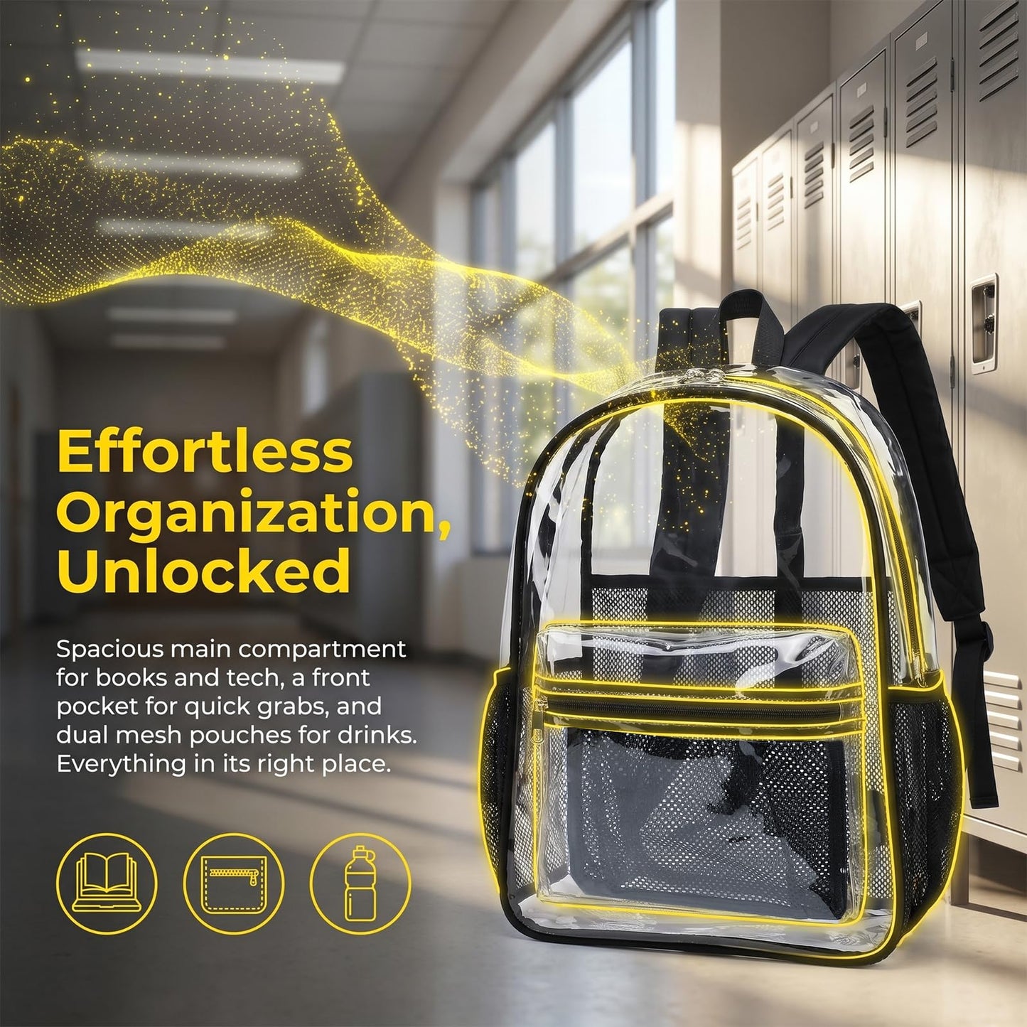 BTOOP Clear Backpack for Women Men, Large 16.5-Inch Transparent School Backpack with 6 Pockets and 40 oz Tumbler Holder, Black Trim for College, Work and Travel