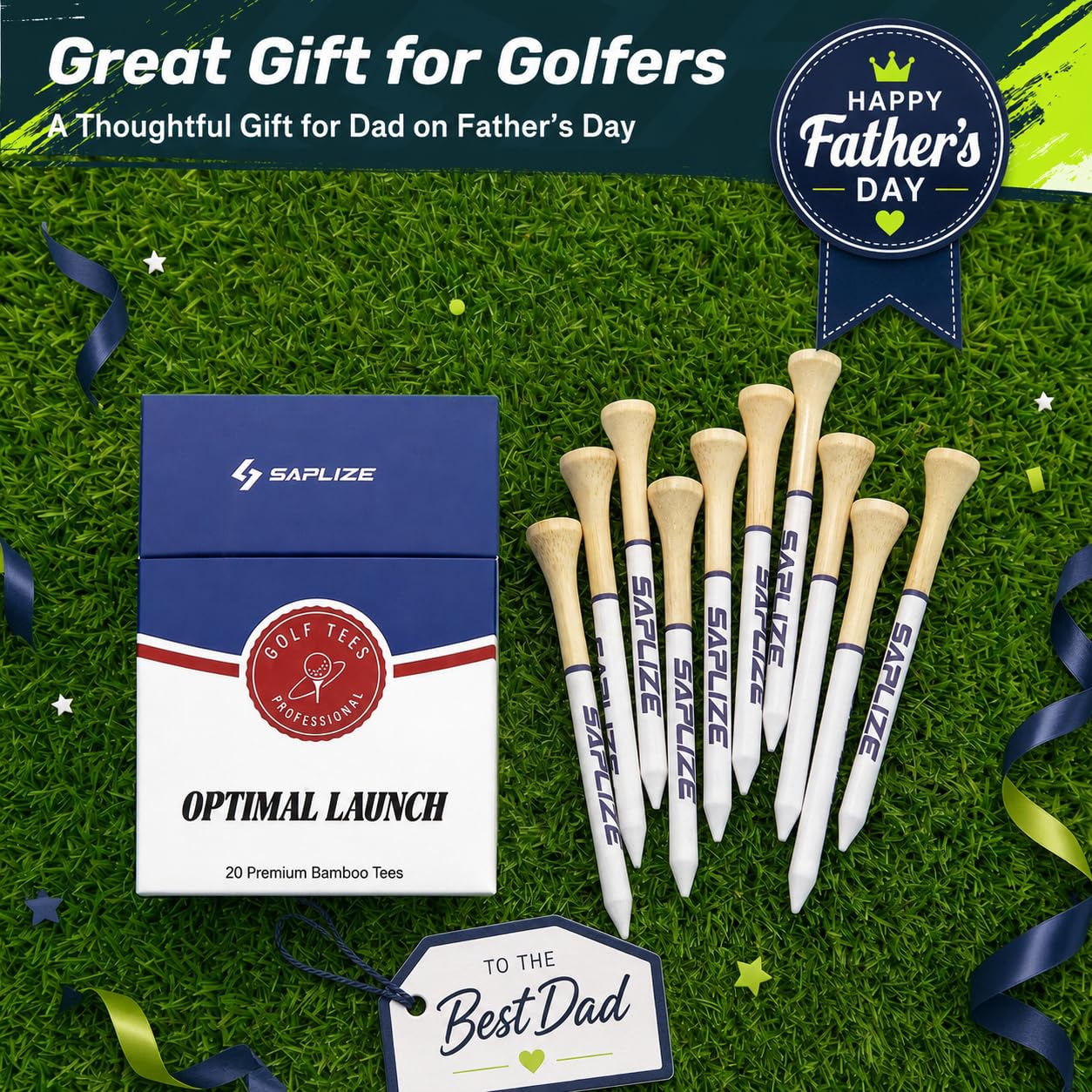 SAPLIZE Father’s Day Golf Gift for Dad – 4 Pack (80pcs, 3 1/4'') Bamboo Golf Tees Set, Gift-Ready Packaging, Funny Golf Accessories for Men, Golf Lovers & Weekend Players