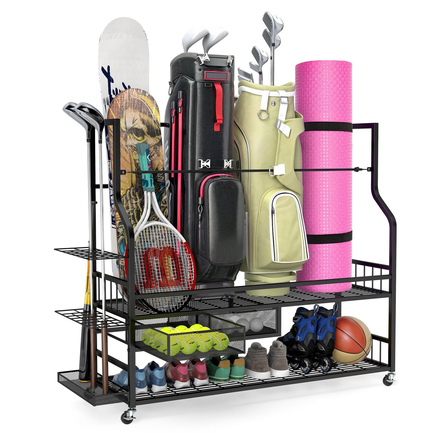 YITAHOME Golf Bag Storage Rack with Wheels, 4 Golf Bag Organizer for Garage, Club, and Shed, Features Drawer for Golf Bags, Clubs, Balls, and Other Sport Equipment