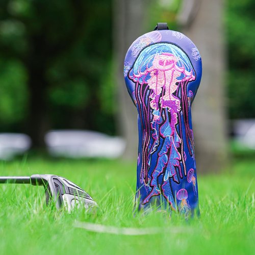 LZFAN Golf Club Head Covers Driver Fairway Wood Hybrid Golf Club Headcover Leather Protector Heavy Embroidered Colorful Jellyfish (Hybrid)