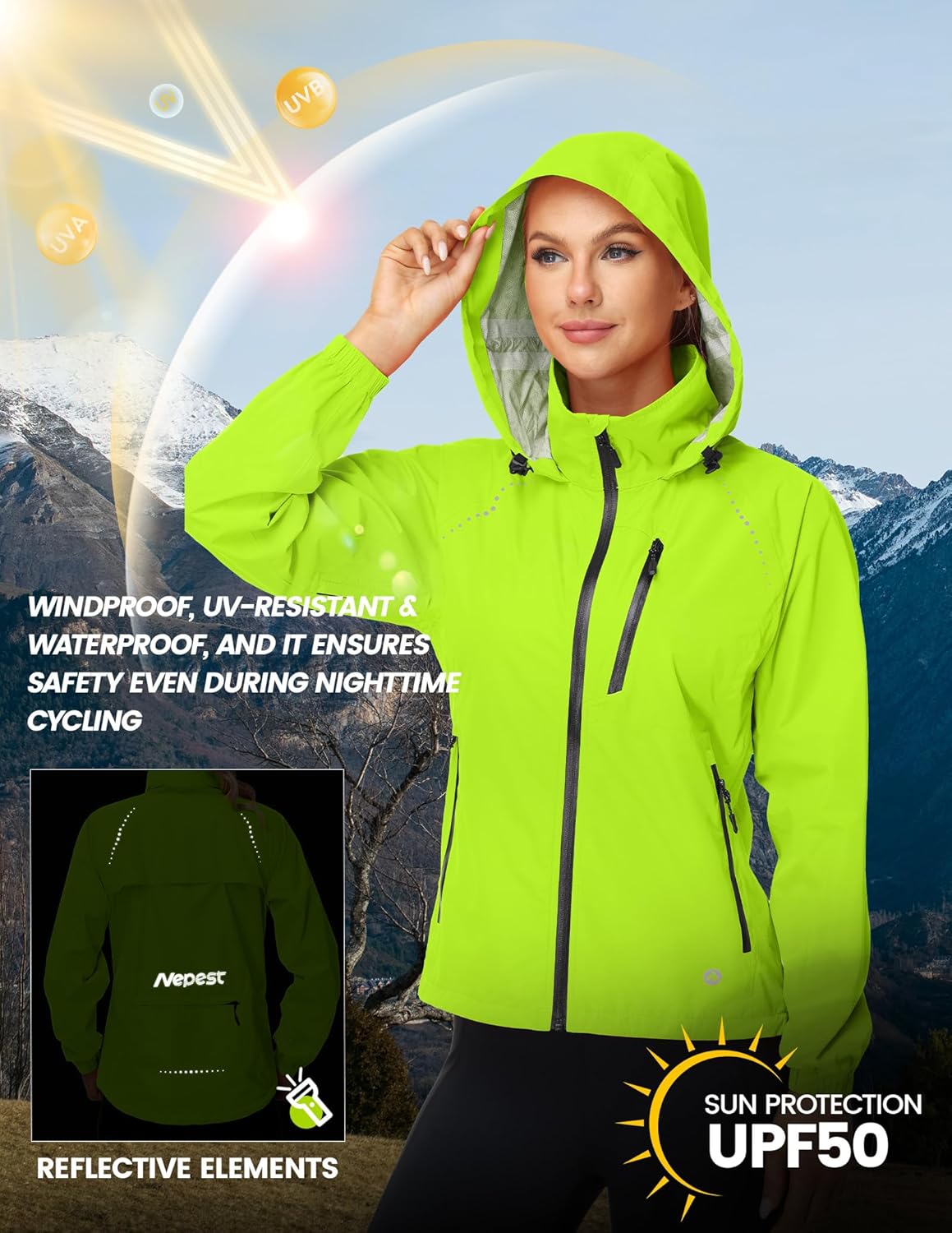 Nepest Women's Cycling Rain Jacket - Lightweight Waterproof Windbreaker with UPF 50+ Protection | Packable & Reflective