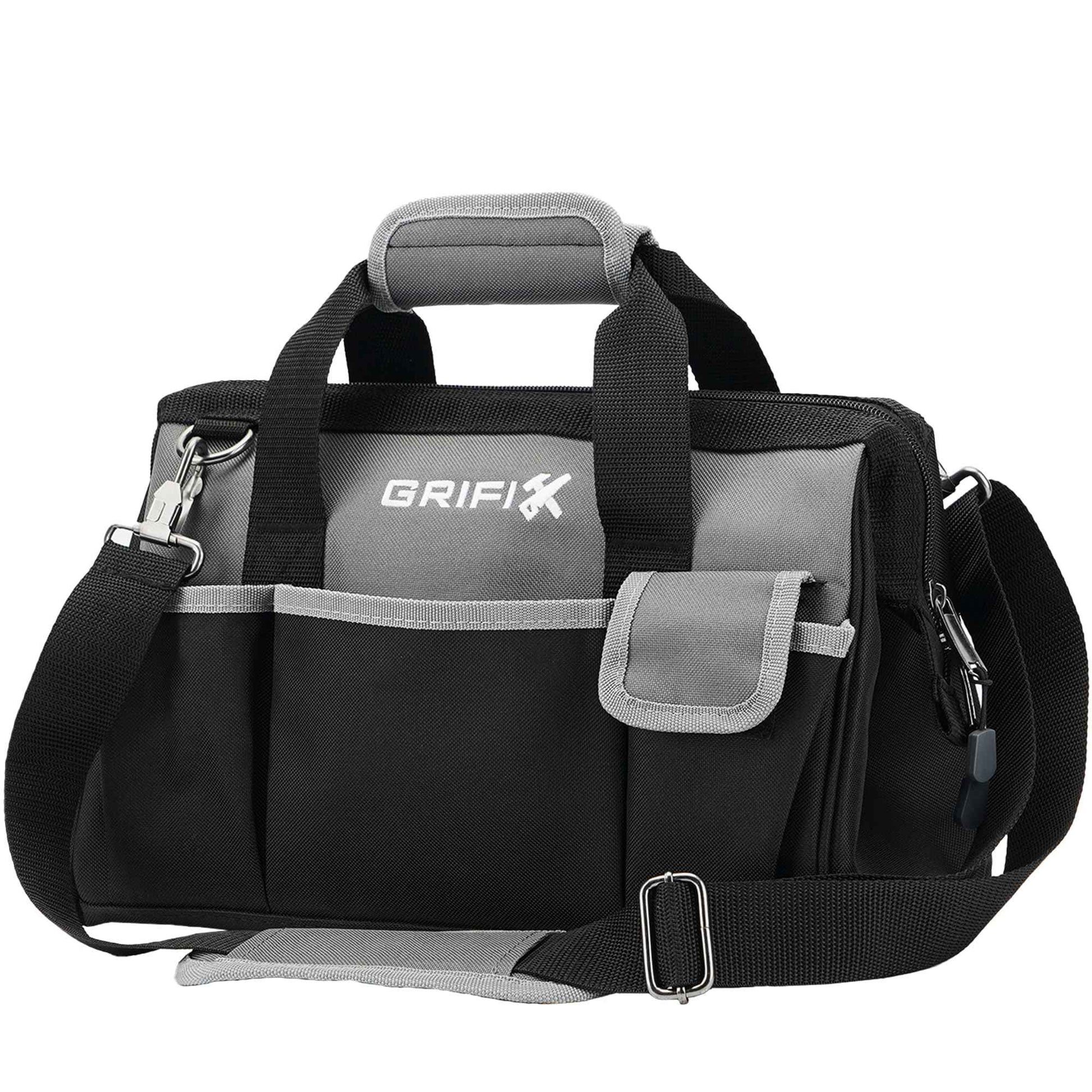 GRIFIX 14-inch Tool Bag, Portable Tool Box Organizer Storage, Wide Mouth Tool Tote Bag with Large Zipper, 14-Pocket Adjustable Shoulder Strap and Ergonomic Handle (14" Standard Base)