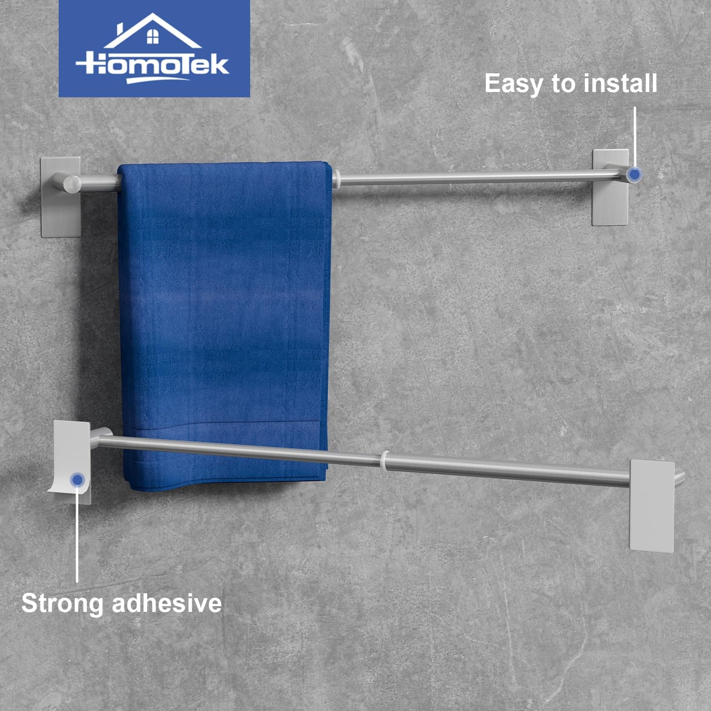 Adhesive Adjustable Towel Bar, HOMOTEK Economical Self Stick Bathroom Towel Holders, Towel Rod Size from 12 Inch to 22 Inch Single Rack Hanger for Kitchen(1 Pack Brushed Stainless Steel)