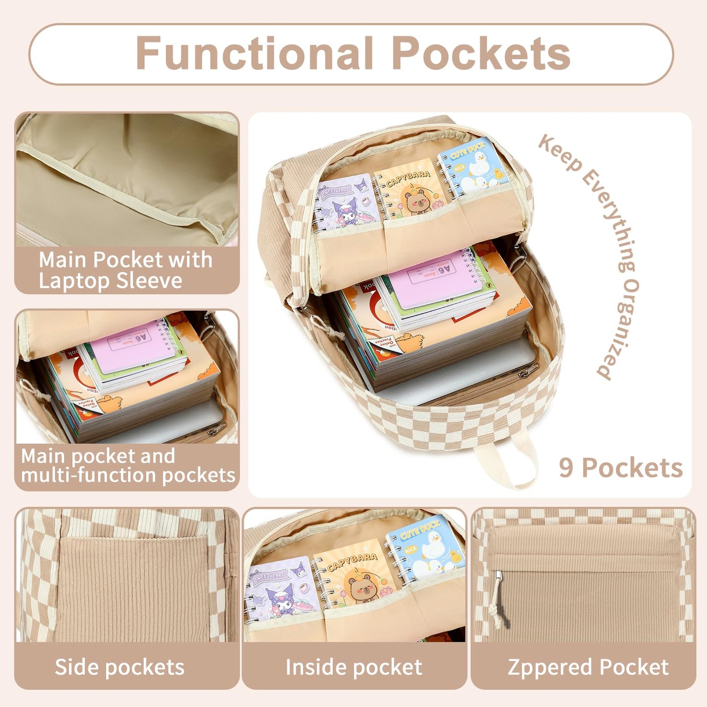 CAMTOP Backpack for Teen Girls Corduroy Bookbags Elementary Middle High School School Bag Lightweight Women Travel Casual Daypacks (Brown White Grid)