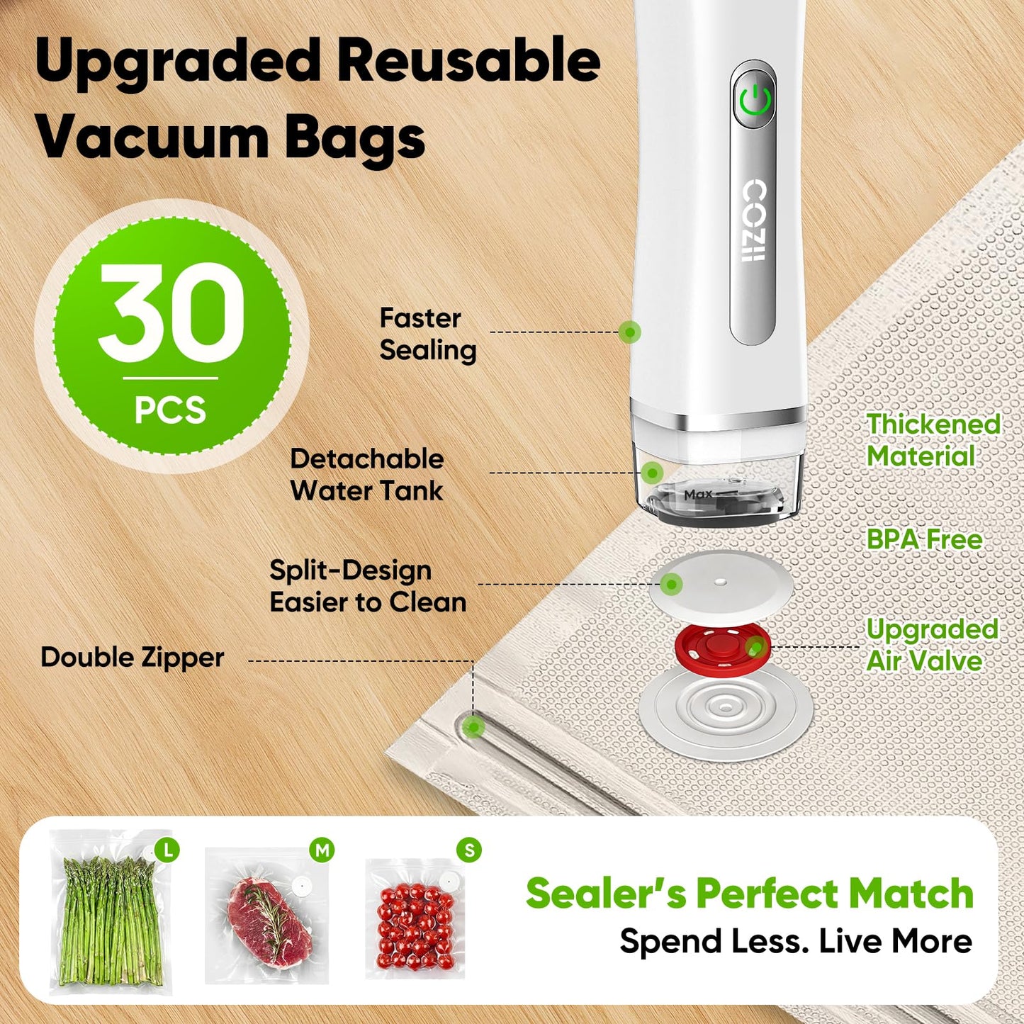 COZII Vacuum Sealer for Food, Powerful Handheld Vacuum Sealer with 30 Reusable Bags, Rechargeable Design with Visible Detachable Tank, Portable Food Saver for Kitchen Camping Travel and Meal Prep