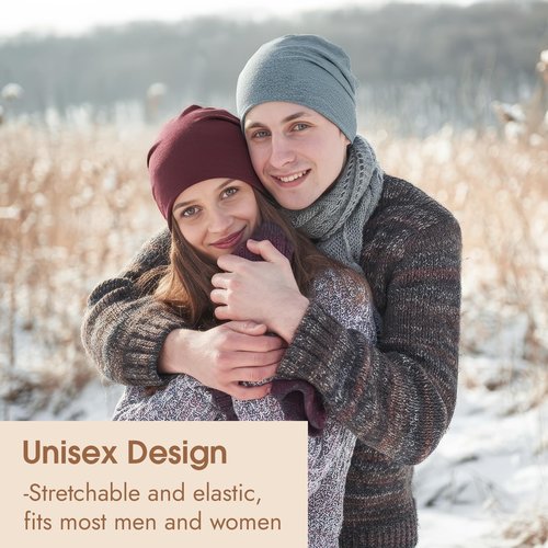 BEVTEE Beanie for Men, Slouchy Beanie Hats for Women 4 Pairs, Cotton Skull Caps Lightweight Slouchy, for Winter, Running, Camping, Chemo, Daily Wear(Burgundy + Heather Grey + Denim Blue + Black)