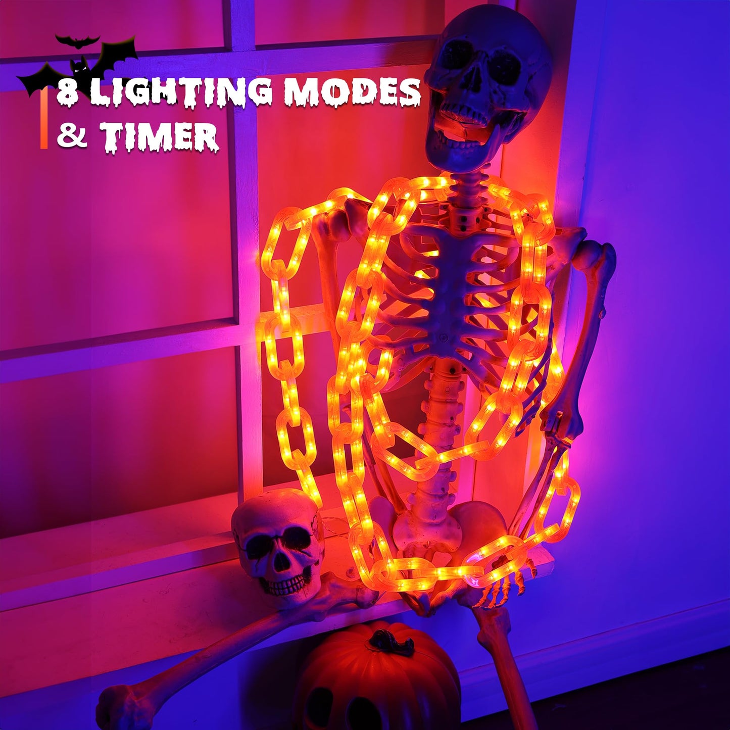 Joomer Chain Lights Halloween Decorative Battery Operated - 10 FT 160 LED Waterproof String Lights with Timer Function 8 Lighting Modes for Outdoor Indoor Halloween Decor (Orange)
