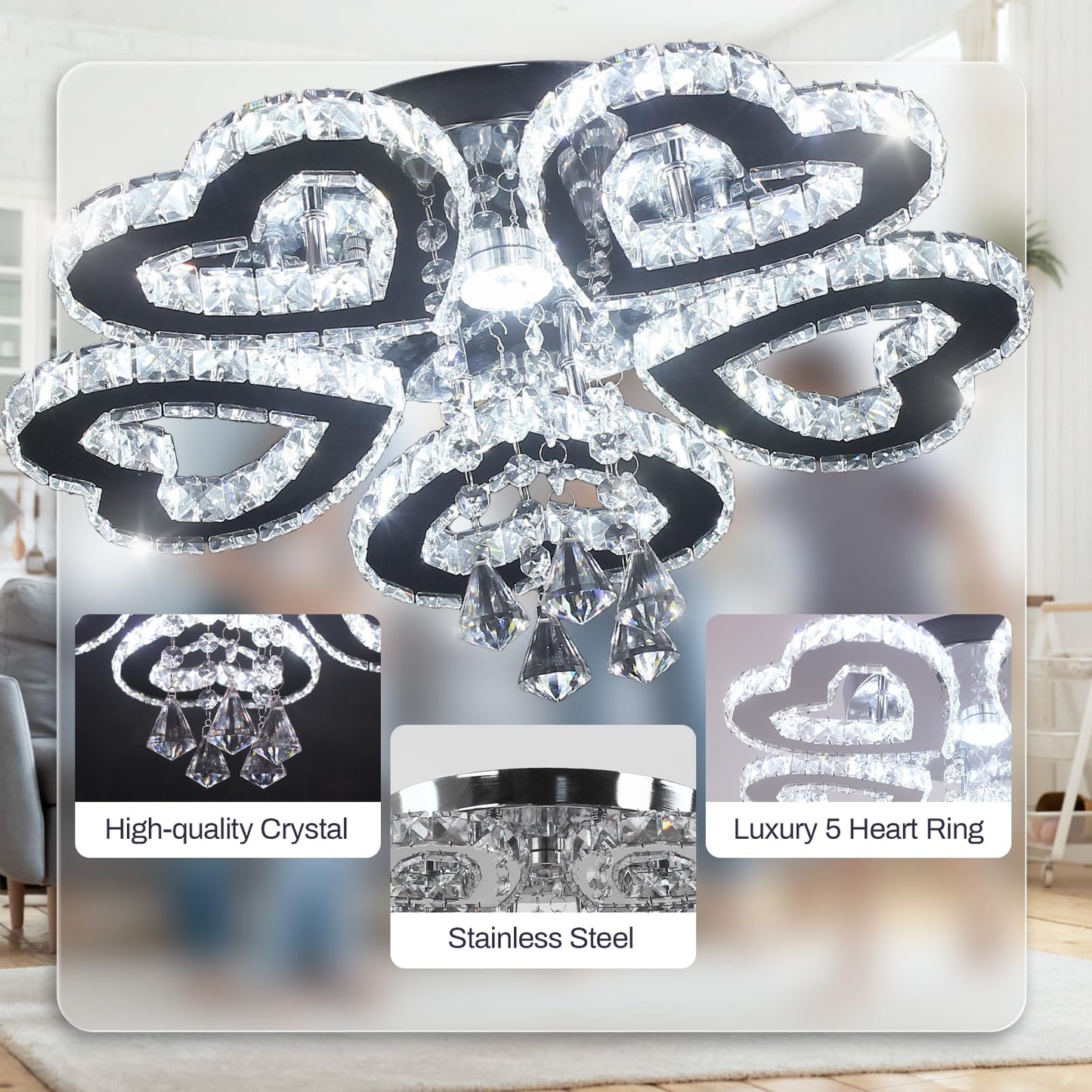xychfantligh Modern Chandelier 5 Heart Ring Crystal Chandelier Crystal Ceiling Light Stainless Steel Pendant Light Chandeliers for Bedroom Living Room Dinning Room Foyer (Cool White 6500K)