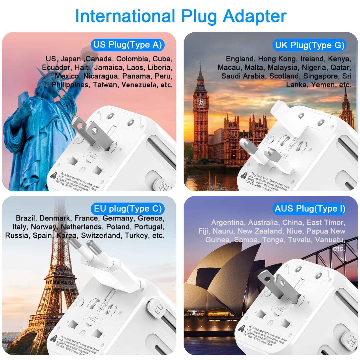 SAUNORCH Universal Travel Adapter Power Strip: 2 AC Outlets, 3 USB Ports, 6ft Cord - US to EU/UK/AU/China Worldwide Converter