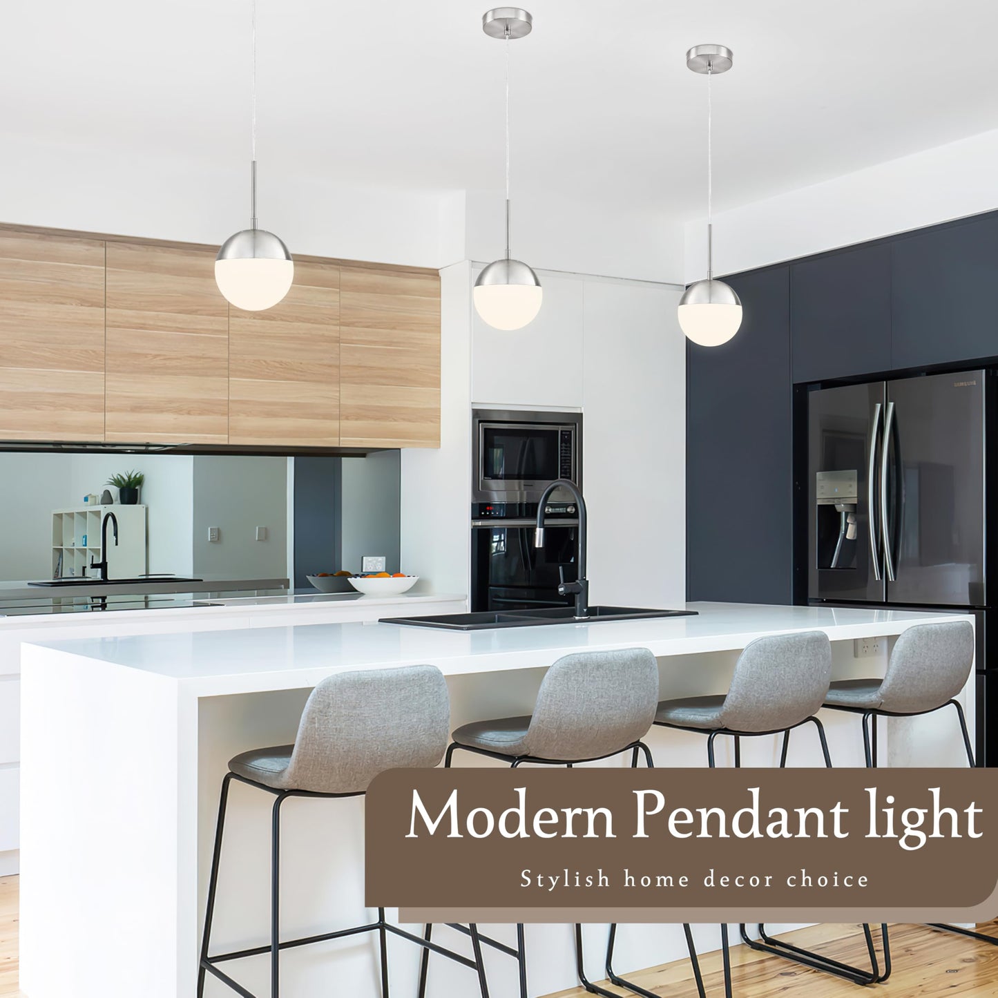 Mccokaige 6 Inch Nickel 2 Pack Mid Century Modern Pendant Light Pendants for Kitchen Island Frosted Milky White Glass Globe Height-Adjustable Modern Hanging Globe Pendant Light for Bedroom (Bulb Incl)