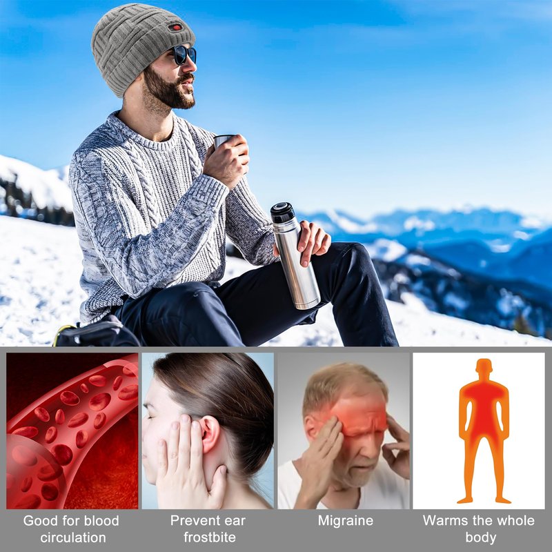 SVPRO Men Women Rechargeable Electric Heated Hat Winter Warm Hat Battery Heating Beanies with 3 Temperature Settings,Heated Beanie Skull Cap Hat Work Up to 3-7H Grey