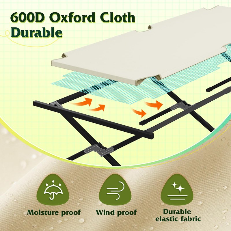 WLIVE Military Camping Cot, Portable Folding Cots for Sleeping with Carry Bag, Outdoor Camping Bed for Adults with Side Pocket, Support 300 Lbs, Silver Greige