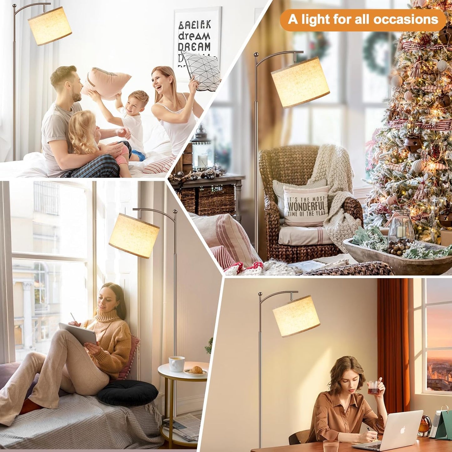Modern 60" Floor Lamp with Remote Control & Dimmable LED Bulb - Beige Shade, Adjustable Brightness for Living Room