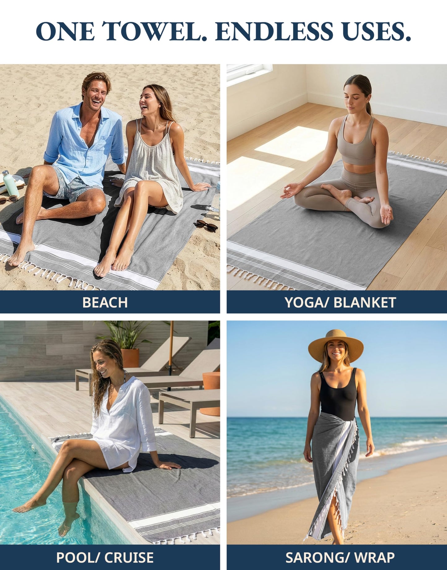 LANE LINEN Cute Beach Towel, Oversized, 39"x71", Super Absorbent - Alloy