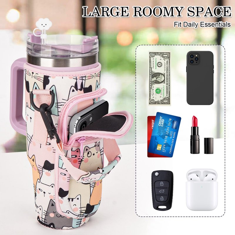 Water Bottle Holder Carrier Bag with Large Phone Pocket,Neoprene Water Bottle Carrier with Strap for Stanley 40 OZ Tumbler, Wrap Around Drink Purse Cup Holder with Straw Cover Accessories
