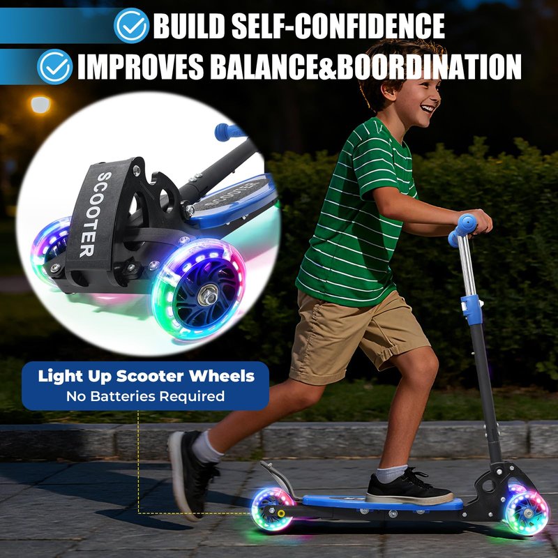 Foldable Kids Scooter with Lean-to-Steer Technology, LED Light-Up Wheels, and Quick-Adjust Handlebar – Ideal Outdoor Gift for Ages 3/4/5/6/7