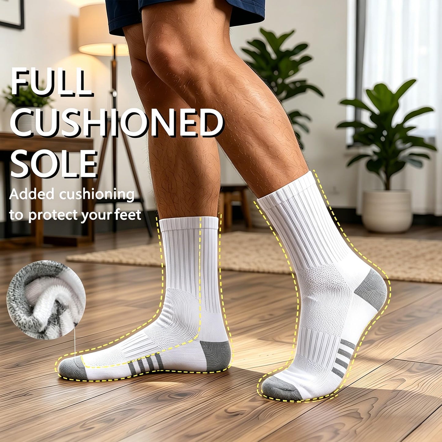 KYINSPORT Men's Athletic Cushioned Crew Socks - Cotton Cozy Running Socks, Moisture Wicking, Breathable Arch Support，6 Pack, White