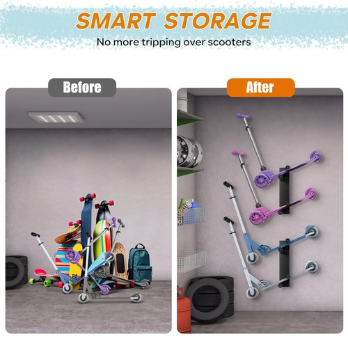 JASIFIO Scooter Wall Mount Scooter - Storage Rack for Garage 2pcs Scooter Hanger Scooter Holder for Adult Scooter/Toddler Scooter/Kids Scooter/Trick Scooter