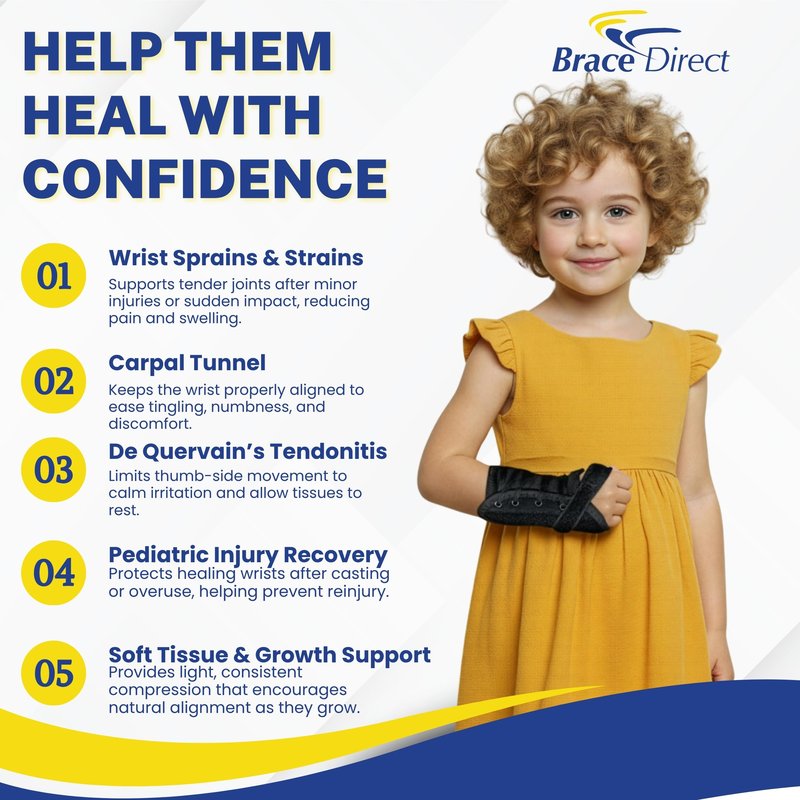 Brace Direct Kids Lace-Up Wrist Brace for Sprains Strains Carpal Tunnel De Quervain's - Pediatric Support Splint for Youth Injury Recovery - Ages 18M-7Y - RIGHT WRIST (Circumference 4-5.5")