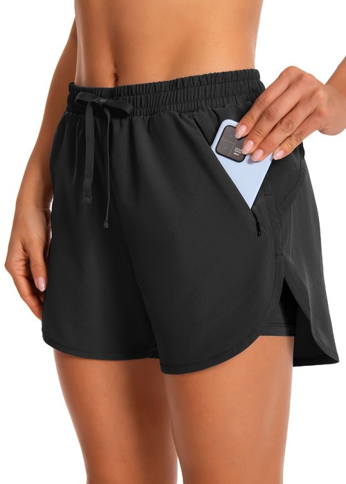 Hooxum Womens Running Athletic Shorts - Workout Gym High Waisted 2 in 1 Quick Dry Shorts with Mesh Liner Zipper Pockets,Black-L