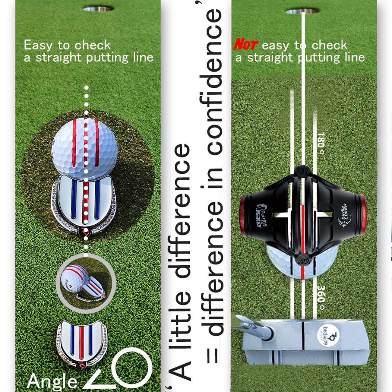 BIRDIE79, Golf Ball Line Marker Tool Kit Set. 360 Degree 3-Line Plus Vertical Line Putting Alignment & Triple Track Standing Ball Marker with Adjustable Tilt Angle, Confidence Liner Accessories.