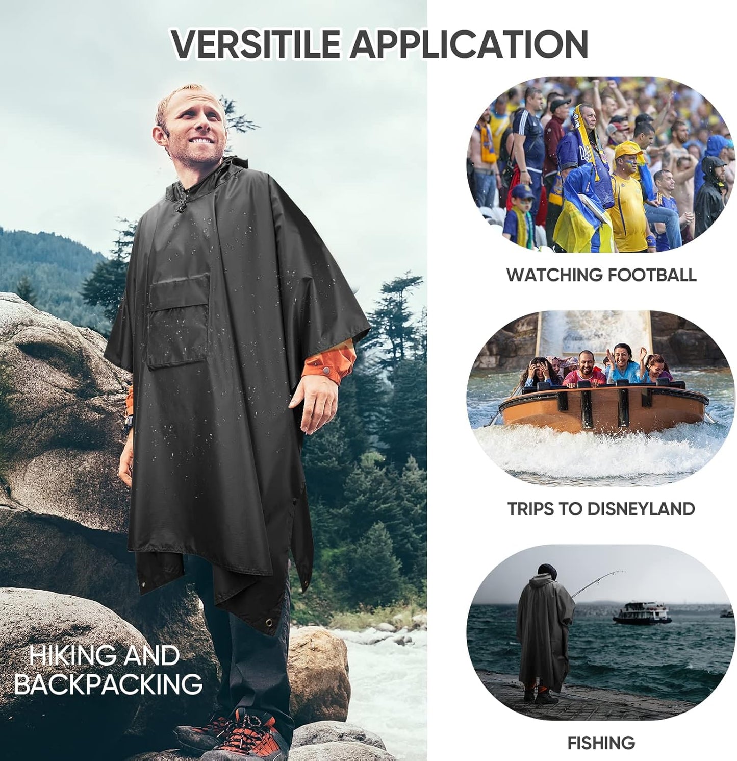 PTEROMY 3-in-1 Hooded Rain Poncho - Waterproof Lightweight Unisex Raincoat for Hiking & Camping