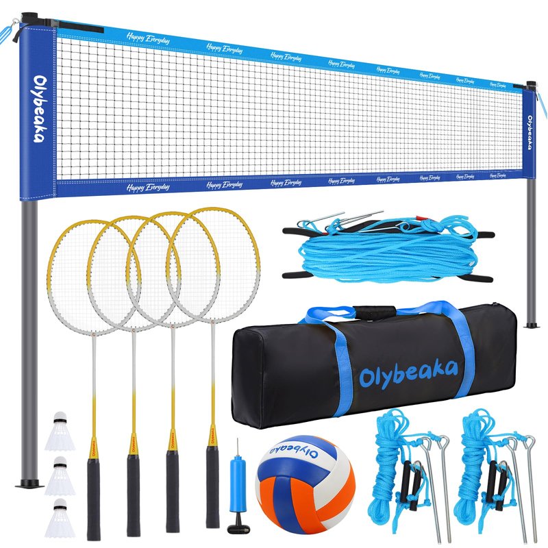 Olybeaka Outdoor Volleyball Badminton Combo Set with Net, Anti-Sagging Design, 4 Badminton Rackets, 3 Birdies and PU Volleyball for Backyard Lawn Beach (Deep & Light Blue Colorblock)