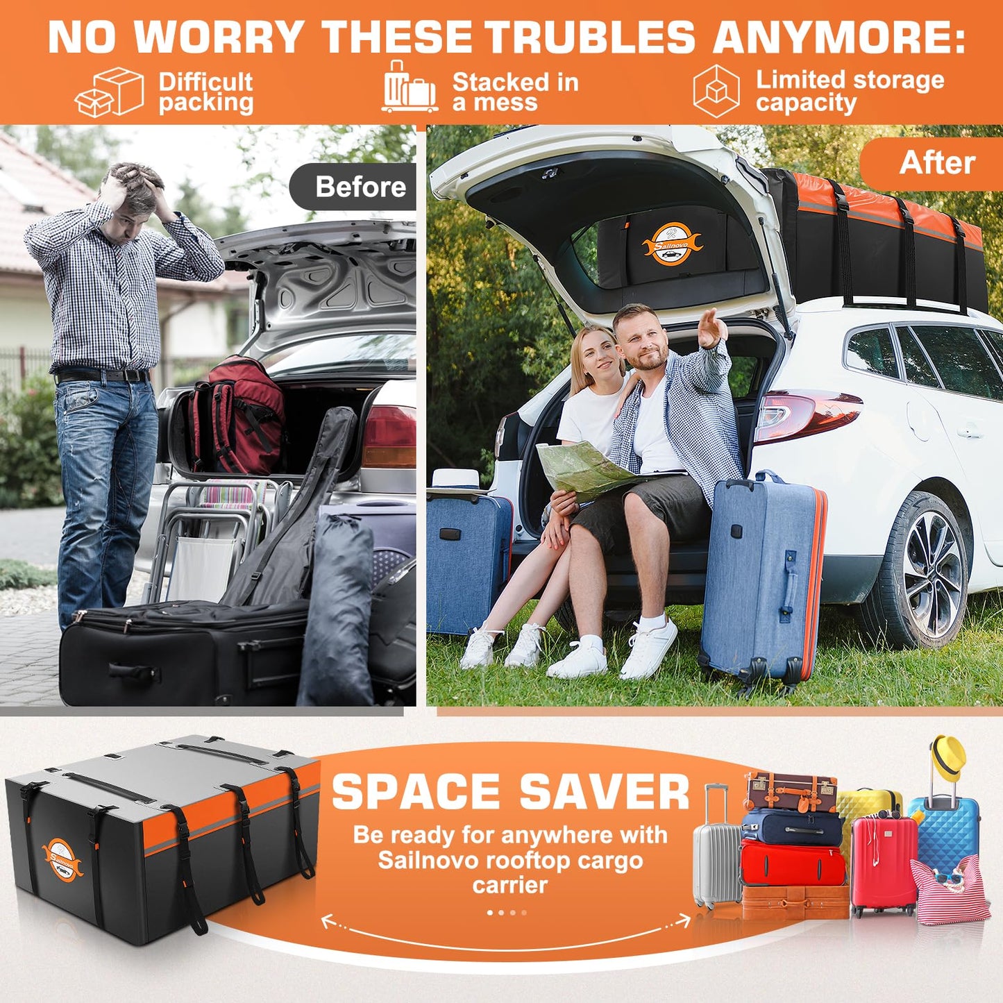 Sailnovo Rooftop Cargo Carrier Bag 20 Cubic, 1000D PVC Waterproof Vehicle Soft-Shell Carrier for Cars with/Without Roof Rack, Car Roof Storage Includes Anti-Slip Mat,10 Reinforced Straps, 6 Door Hooks