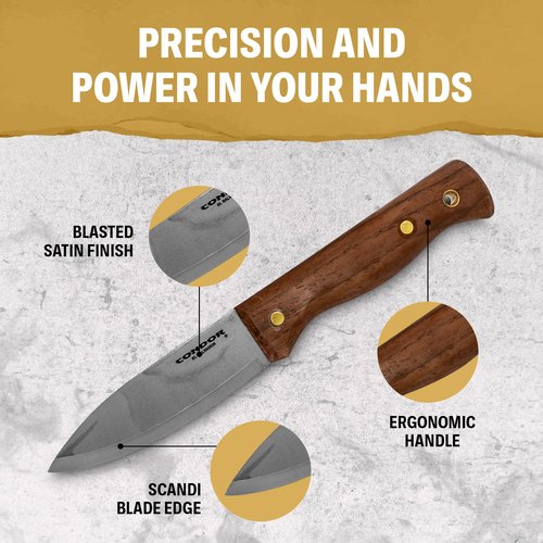 Condor Bushlore Knife - Bushcraft Knife - 1075 High Carbon Steel - Walnut Handle - Scandi Grind - Small Fixed Blade Knives - Hand Crafted Leather Sheath - 3mm Thick - 4.3in Blade - 6.1 oz