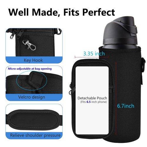 Icesip Water Bottle Holder Bag with Detachable Phone Pocket for Owala FreeSip 24oz with Strap Pocket for Owala Accessories 24oz Water Bottle Sleeve for Walking Camping Gym Black