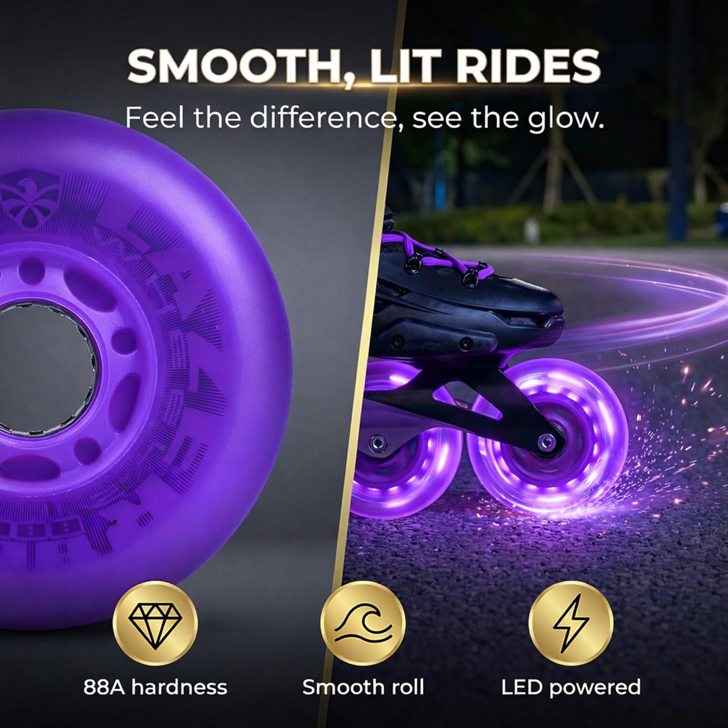 Flying Eagle LazerWheelz - Light Up Inline Skate Wheels Indoor or Outdoor Use, 80mm 8 Pack of Purple 88A Hardness LED Lights for Roller Skate Wheels Replacement, Adult Inline Accessories