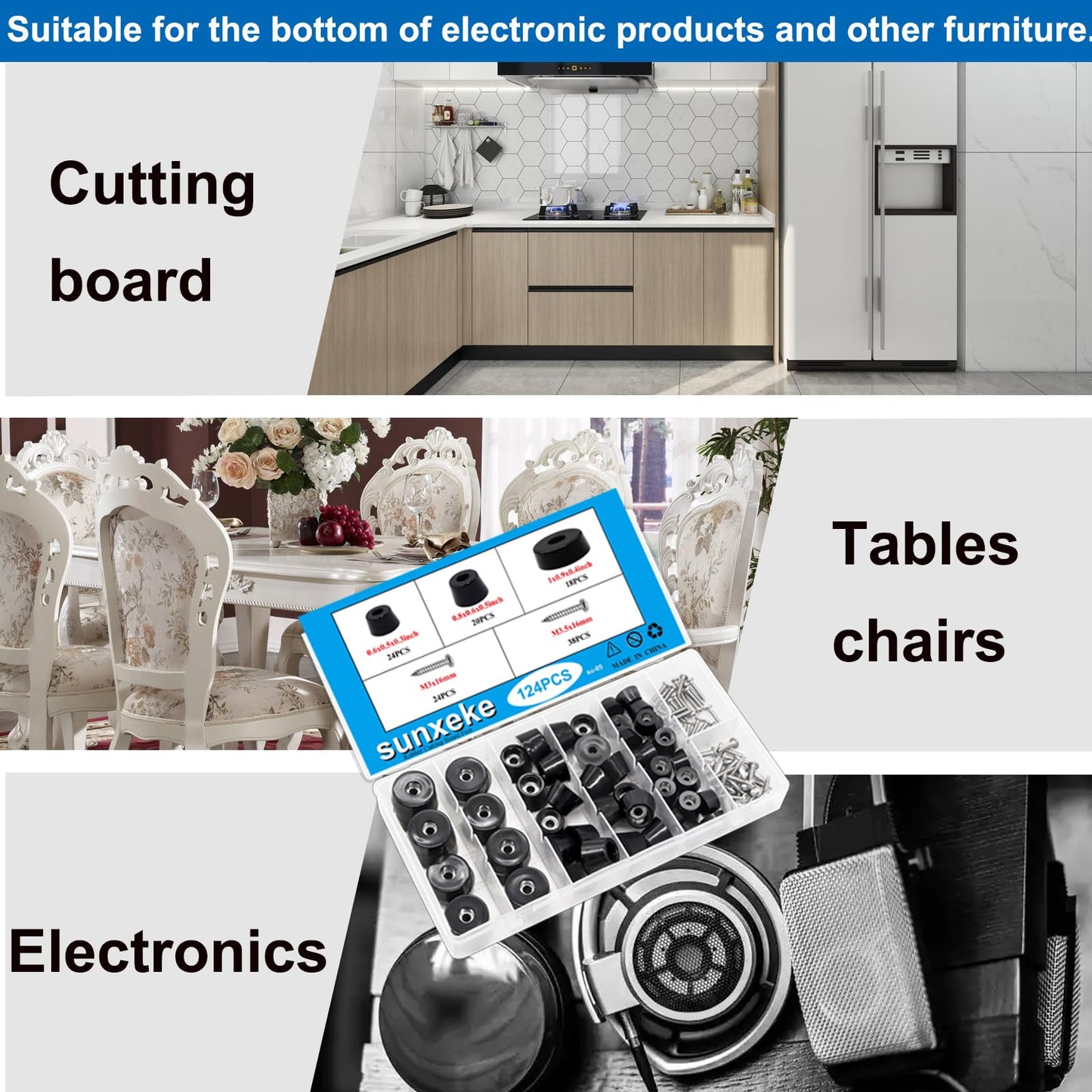 Sunxeke 124Pcs Rubber Feet for Cutting Board with Stainless Washer Screws Assortment Kit,3 Sizes (0.6inch, 0.8inch, 1inch),Non Slip Rubber Bumper Feet for Furniture, Cabinets, Electronics