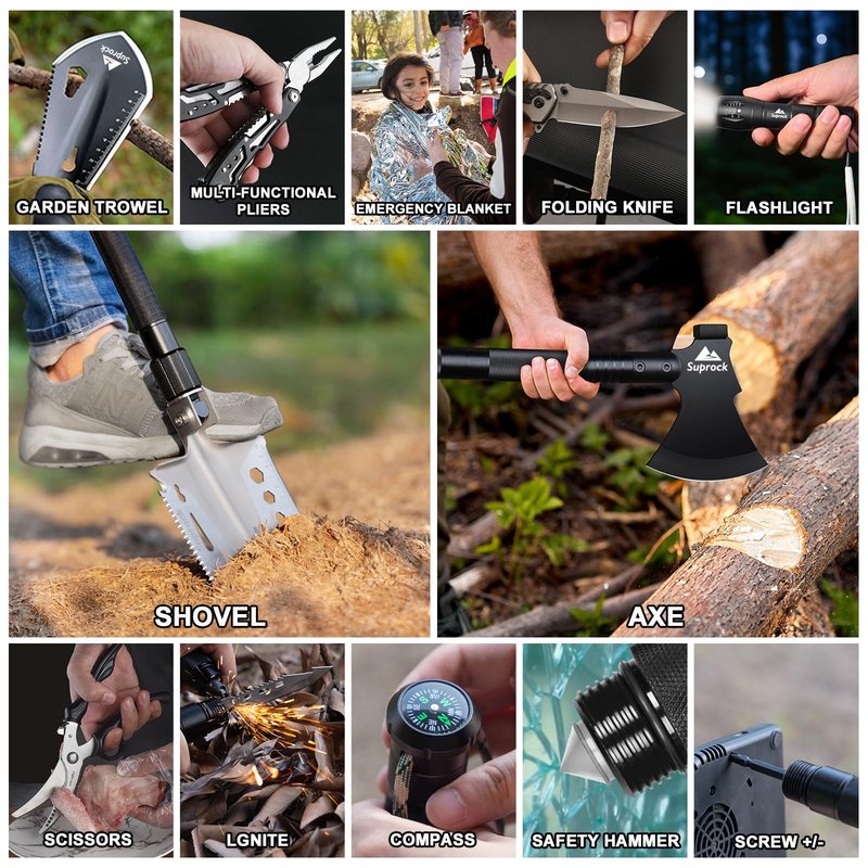 SUPROCK Survival Shovel and Camping Shovel, 30-in-1 Tactical Shovel Axe with High Carbon Steel, Folding Entrenching Tool with Pouch for Emergency, Hiking, Outdoor Gear